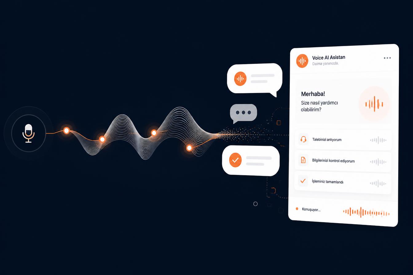 Conversational Voice AI arayüzü ve ses dalgası illüstrasyonu
